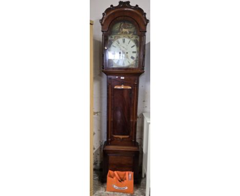 VICTORIAN MAHOGANY CASED GRANDFATHER CLOCK WITH 4 SEASONS PAINTED FACE BY JAMES STRUTHERS OF HAMILTON     