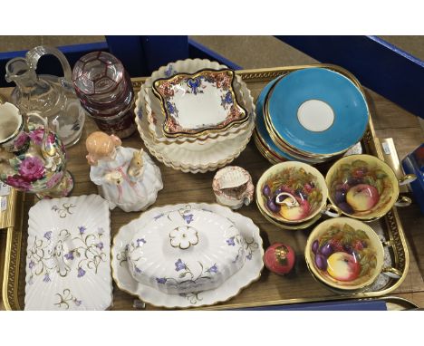 TRAY CONTAINING TWO SPODE LIDDED DISHES, TRI HANDLED VASE,QUANTITY OF ROYAL CROWN DERBY DISHES, 18 PIECE AYNSLEY FRUIT PATTER