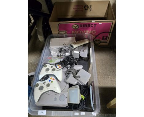 BOX CONTAINING PLAY STATION CONSOLE, XBOX CONSOLE, GAMES, MICROPHONE,REMOTE CONTROLS , Wii &amp; Wii ACCESSORIES