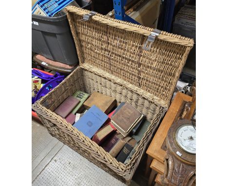 VINTAGE WICKER HAMPER WITH LARGE QUANTITY OF VARIOUS VINTAGE BOOKS     