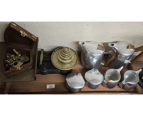 TRAY CONTAINING 6 PIECES OF POLISHED CHROME PICQUOT WARE, LARGE BRASS PARCEL SCALES, REPRODUCTION BOXED MINIATURE SEXTANT