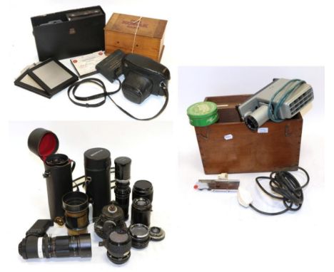 Various Lenses And Other Items including Sun f4.8 85-210mm lens with trigger grip; Sunagor f3.8 85-205mm; Hoya f4 75-205mm; D
