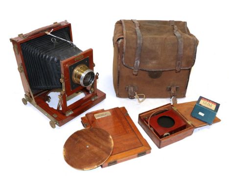 Houghton Empress Half Plate Camera with mahogany body, brass fitting and R&amp;J Beck Biplnar 9'' No.5 lens; with plate holde