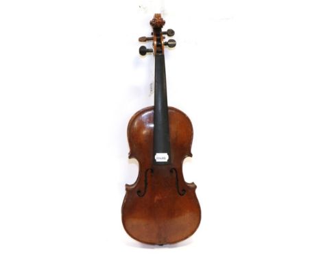 Violin 13 1/4'' two piece back, ebony fingerboard, with label 'Jacobus Stainer in absam prope oenipontum 17__', back of instr
