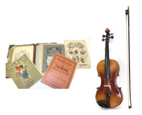 Violin 14'' two piece back, cased with bow and a folio of vintage piano sheet music