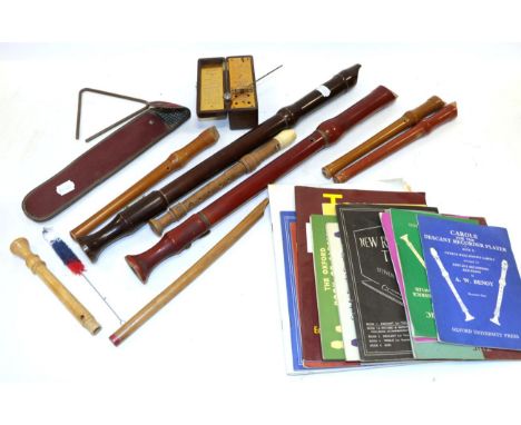 Various Recorders including a Schotts Concert Tenor stamped 'Made in Germany' and others; also includes some Music Books and 