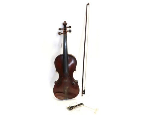 Violin 13 3/4'' one piece back, ebony fingerboard, no makers mark (shows evidence of neck replacement with repair horseshow t