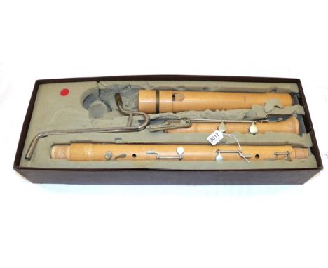 Moeck Bass Recorder in three sections plus neck pipe, middle section with three holes and four keys, lower with three keys an