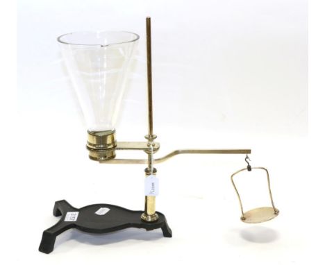 Pascal Balance brass frame on cast base, with single conical glass flask the instrument is used to demonstrate that the press