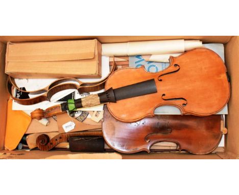 Violin with maker label 'H Roades 1980, Chesterfield' together with a mixed box of what appears to be a Lute kit including wo