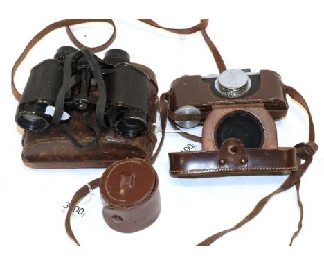 Leica Standard Camera no.244245, with Leitz Elmar f3.5 50mm lens (cosmetically worn) in leather case, together with a pair of