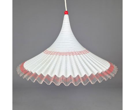 1970s ITALIAN MEBLO GUZZINI STYLE TRUMPET PENDANT LIGHT. With striped pleated plexiglass shade32cm H x 85cm Drop x 56cm W.