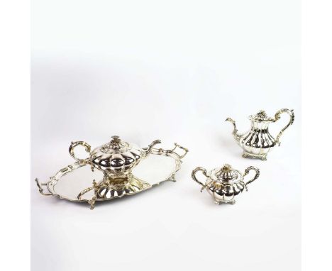 A SILVER TEA AND COFFEE SERVICE (4). Barker Ellis Silver Co, Sheffield 1979, comprising tea pot, coffee pot, sugar pot and tr