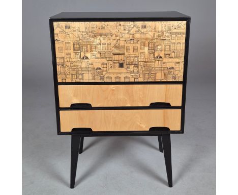 1950s ROBERT AND DOROTHY HERITAGE STYLE BUREAU. Black lacquered with cityscape decorated fall front over two drawers on taper