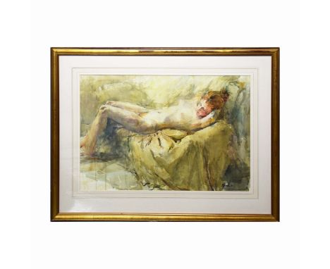 DAN BECK (B.1955). RECLINING FEMALE NUDE. Watercolour, mounted, glazed and framed, signed lower right, 74 cm H x 93 cm W (55 