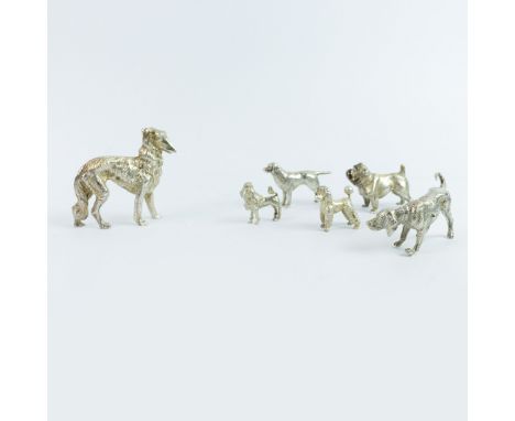 A COLLECTION OF MINIATURE SILVER DOG FIGURES. (6). including a Russian Borzoi CSR Ltd, London, 1971, approx 113 grams, along 