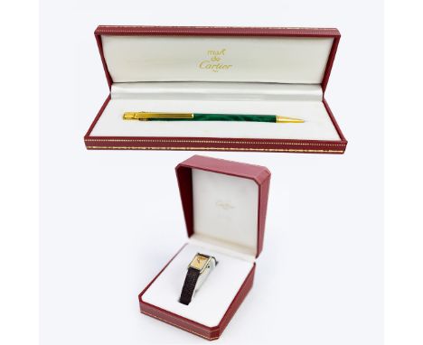 A MUST DE CARTIER TANK MECHANICAL VERMEIL WATCH AND A CARTIER MUST PANTHERE MALACHITE BALLPOINT PEN AND. (2). In original box