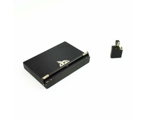 A CARTIER ART DECO MITAUDIERE AND LIGHTER. (2). black enamel inset with diamonds. 17cm x 11cm.