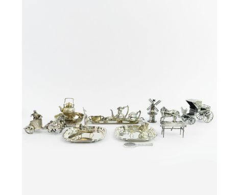 A COLLECTION OF VARIOUS SILVER. (16). including a miniature rickshaw, Dutch windmill, a pair of ashtrays by Goldsmiths and Si