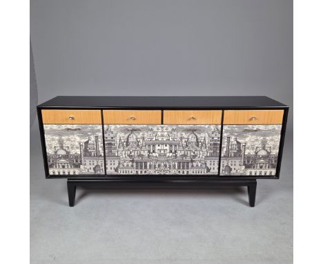 FORNASETTI STYLE SIDEBOARD. Black lacquered, with Rome cityscape decorated cupboard doors79cm H x 172cm W x 47cm D.