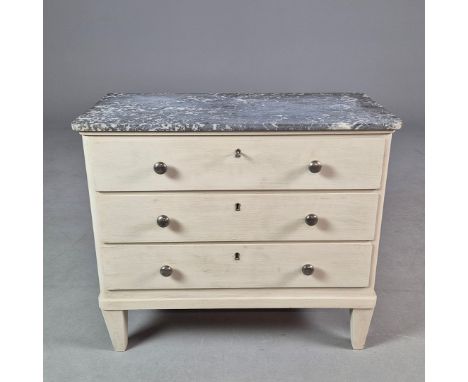 GUSTAVIAN STYLE PAINTED COMMODE. grey marble top above three drawers, 72cm H x 84cm W x 42cm D.