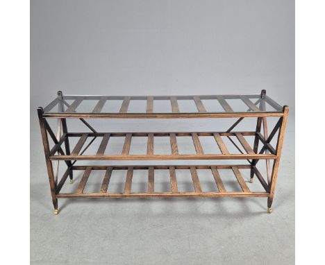 CONSOLE TABLE. wooden slatted 3 tier design, glass to top tier, castors to base, 140cm x 38cm x 72.5cm approx.