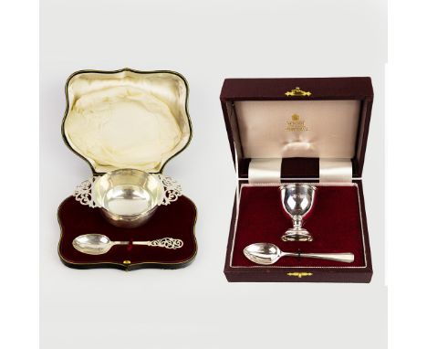 GARRARD &amp; CO. A BOXED SILVER EGG CUP AND SPOON (2). Sheffield 1982, together with a boxed silver bowl and spoon, Goldsmit