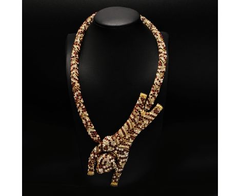 ROBERTO CAVALLI, AN ITALIAN PANTHER CHOKER NECKLACE. in gilt metal, encrusted with diamantes and ruby coloured paste stones, 