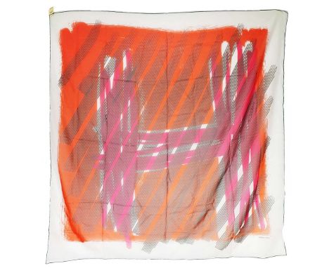 HERMÈS SCARF BY DIMITRI RYBALTCHENKO. H design on orange and red background with green hand rolled hem, silk,  made in France