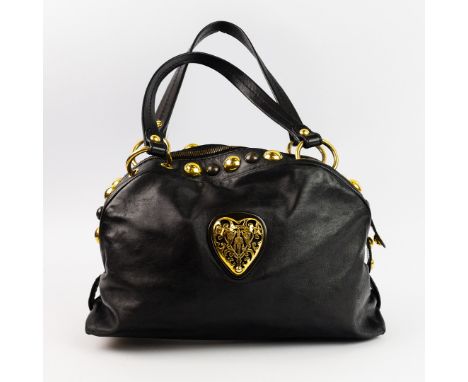 VINTAGE GUCCI BAG. black calfskin leather, Babouska heart decoration, double zipper top closure with black leather and gold t