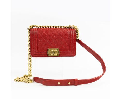 CHANEL SMALL BOY BAG. red quilted caviar leather with Champagne gold tone hardware, chain and leather strap, CC classic ‘Boy’
