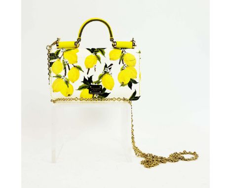 DOLCE &amp; GABBANA MISS SICILY VON BAG CHAIN WALLET. lemon printed in white and yellow leather, gold tone hardware, top hand