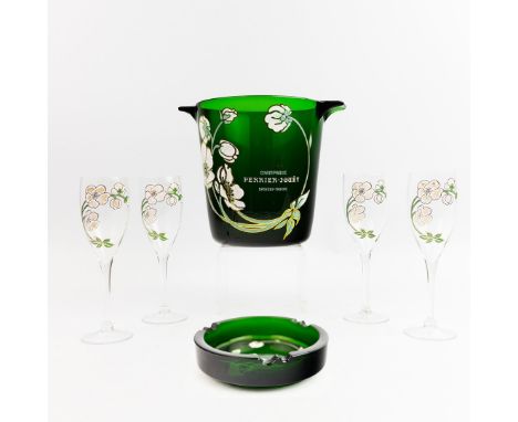 A PERRIER-JOUET CHAMPAGNE BUCKET WITH FOUR MATCHING GLASSES AND AN ASHTRAY. (6). the bucket in green glass with painted poppi