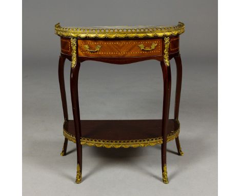 CONSOLE TABLE. the marble top with a gilt metal gallery, mahogany with inlaid detail, with a frieze drawer and under tier 63c