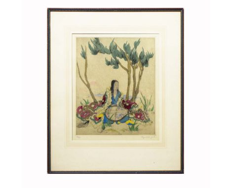 ELYSE ASHE LORD (1900-1971). NIGHT SCENTED FLOWERS. Etching in Colours, 28cms  x 33cms, signed and numbered in pencil, 56/75,