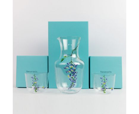 TIFFANY &amp; CO. WATER GLASSES AND PITCHER (3). two Tiffany wisteria water glasses and one wisteria pitcher, the collection 