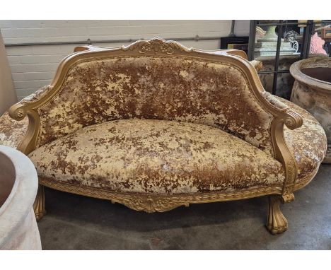 CONVERSATION SOFA. 19th century style gilt framed in gold crushed velvet, 93cm H x 208cm x 120cm.
