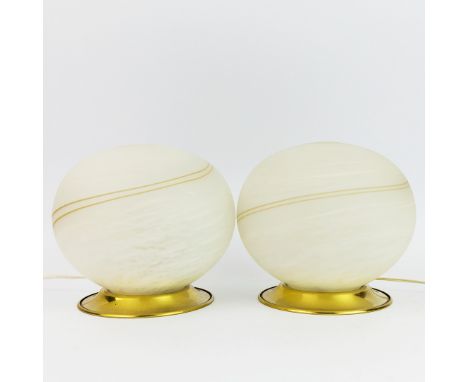 PAIR OF 1970s ITALIAN MURANO SWIRL GLASS GLOBE TABLE LAMPS. Glass shades on circular brass bases20cm H x 21cm W x 21cm D.