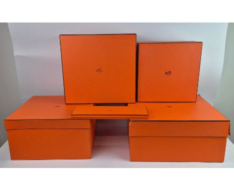 FOUR HERMES PRESENTATION HANDBAG BOXES. of various sizes, the largest measuring 42cm x 47cm x 23cm, plus a scarf box (5).