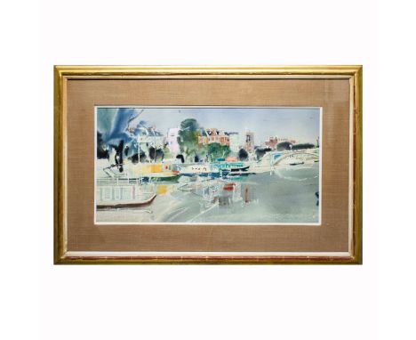 PATRICK HALL (BRITISH 1906-1992). BATTERSEA BRIDGE. watercolour and crayon, 87cm x 107cm, framed.