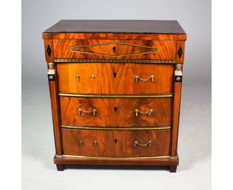 19TH CENTURY RUSSIAN COMMODE. flame mahogany, ebonised and brass inlaid, column sides and a single frieze drawer above three 