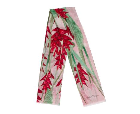 PATEK PHILIPPE CASHMERE STOLE. with fringe, made in Italy, pink with a crimson and green floral design, 97cm x 200cm approx, 