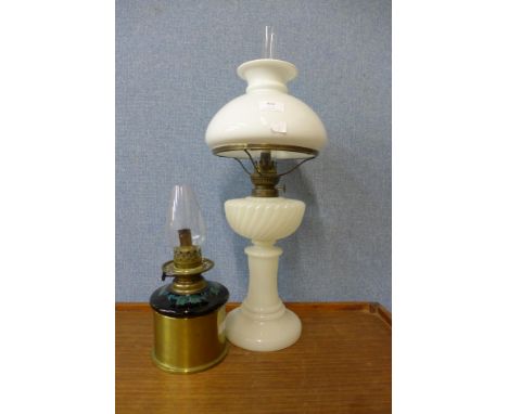 A Victorian opaline glass oil lamp and one other 