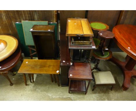 Two folding card tables, an oak nest of tables, wall shelves, two small open bookcases, small glazed wall cabinet, oak tray, 