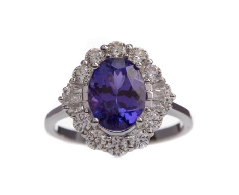 CERTIFICATED TANZANITE AND DIAMOND RING, set with an oval tanzanite of approximately 3.43 carats within a halo of round brill