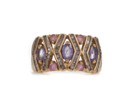 GEM SET RING, set with oval purple gems interspaced by diamond set sections and round pink gems, in nine carat gold, size N 1