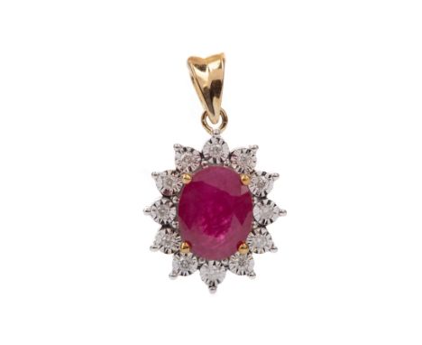 RUBY AND DIAMOND PENDANT, set with an oval ruby of approximately 1.80 carats, within an illusion set diamond halo totalling a