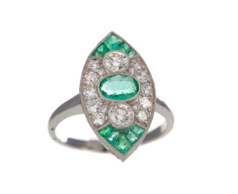 EMERALD AND DIAMOND RING, set with a central oval emerald, round brilliant cut diamonds totalling approximately 0.85 carats, 