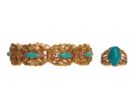 TURQUOISE BRACELET, set with a central row of turquoise stones flanked by round pink gems, to an openwork bracelet, in eighte