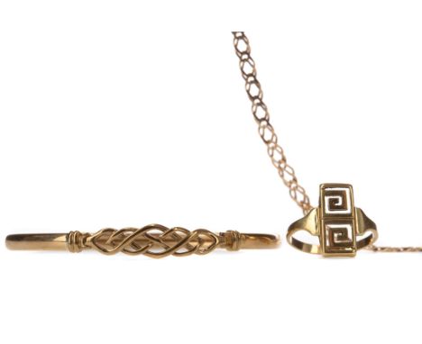 GOLD BANGLE, in nine carat gold, 4.6g, along with along with a gold bracelet marked 9K, 3g, and a Greek key design ring, mark